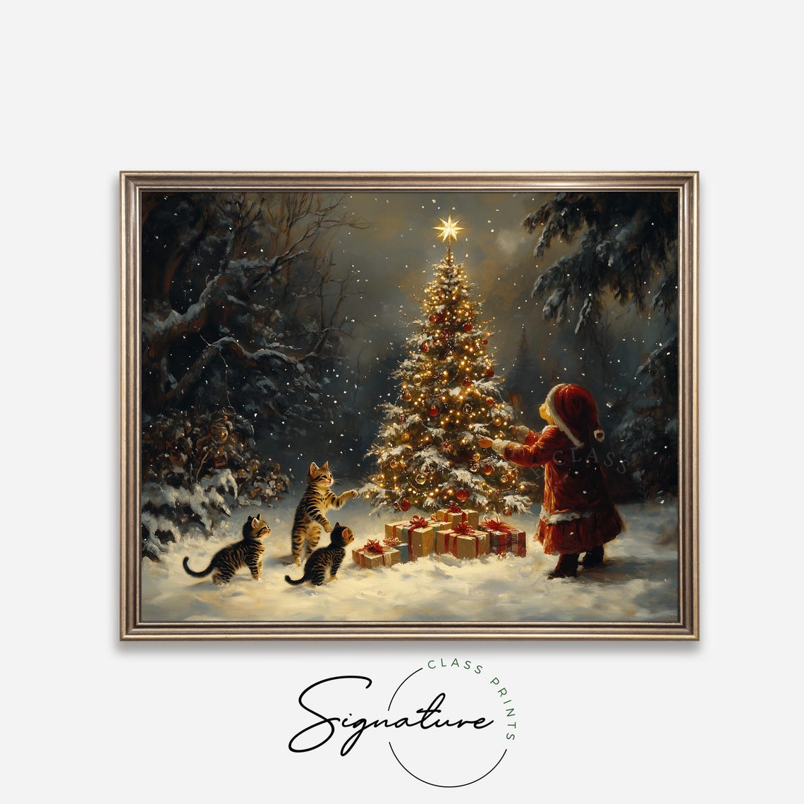 Child Decorating Outdoor Christmas Tree with Three Kittens Poster - Image 4