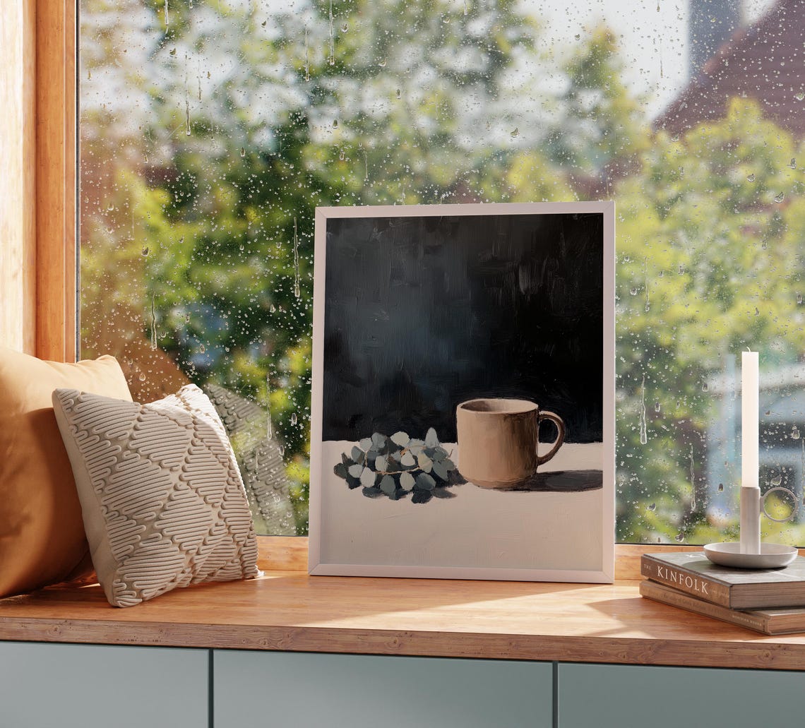 Moody Coffee Cup With Eucalyptus Rustic Still Life Art Poster - Image 2