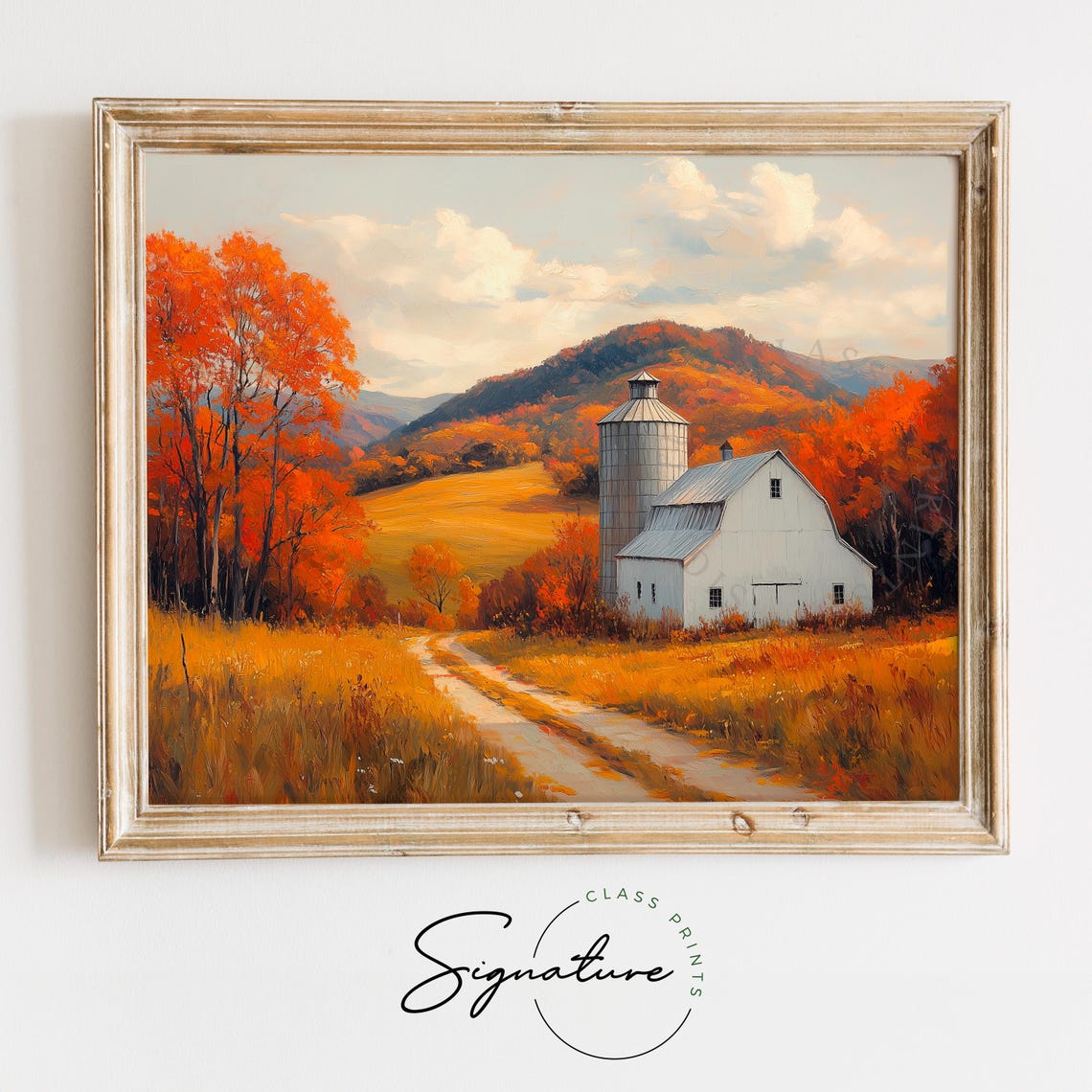 White Barn Silo Golden Field Rolling Hills Oil Painting Farm Poster