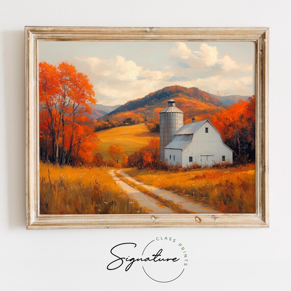 White Barn Silo Golden Field Rolling Hills Oil Painting Farm Poster