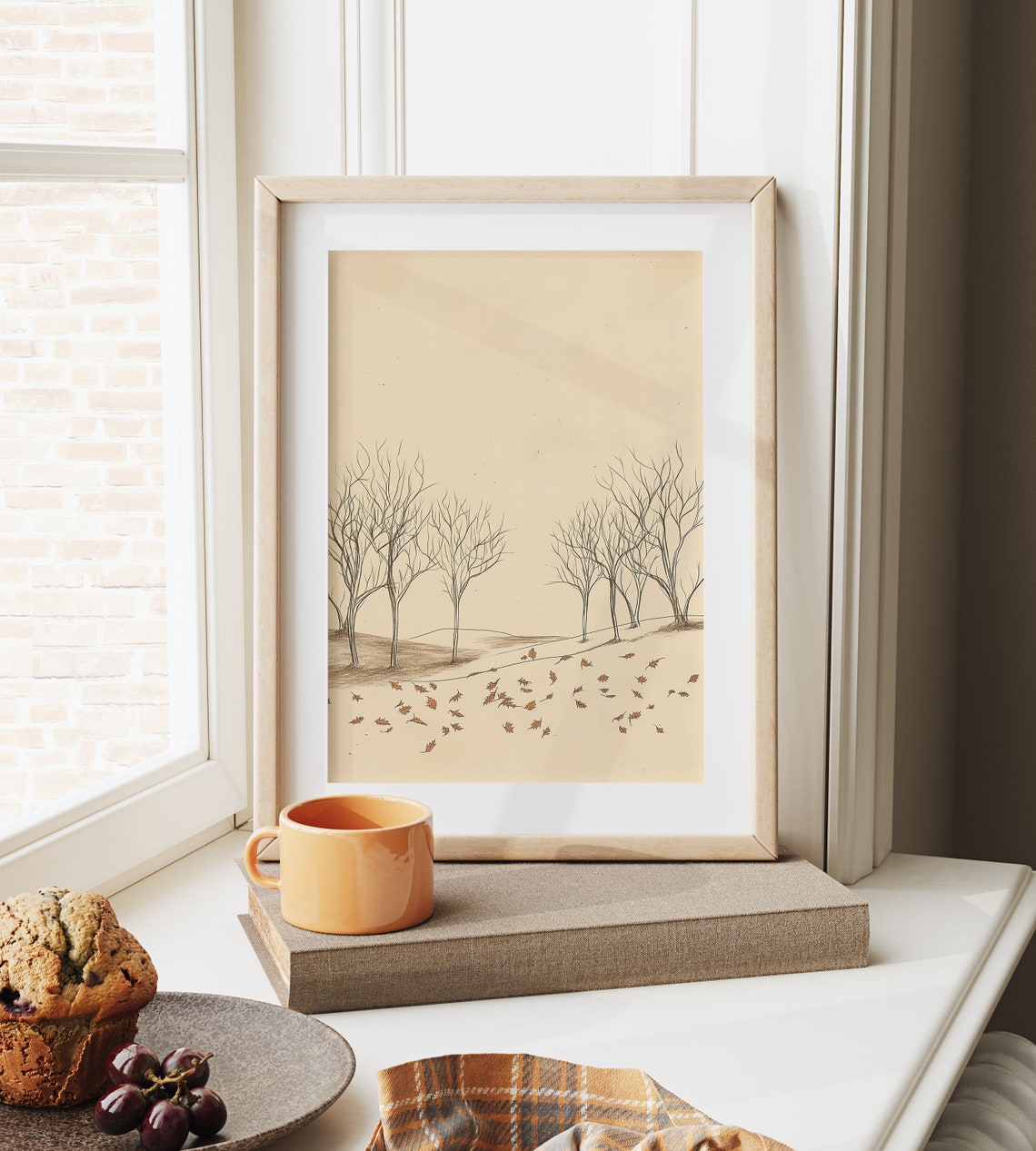 Bare Autumn Trees With Fallen Orange Leaves Monochrome Poster - Image 6