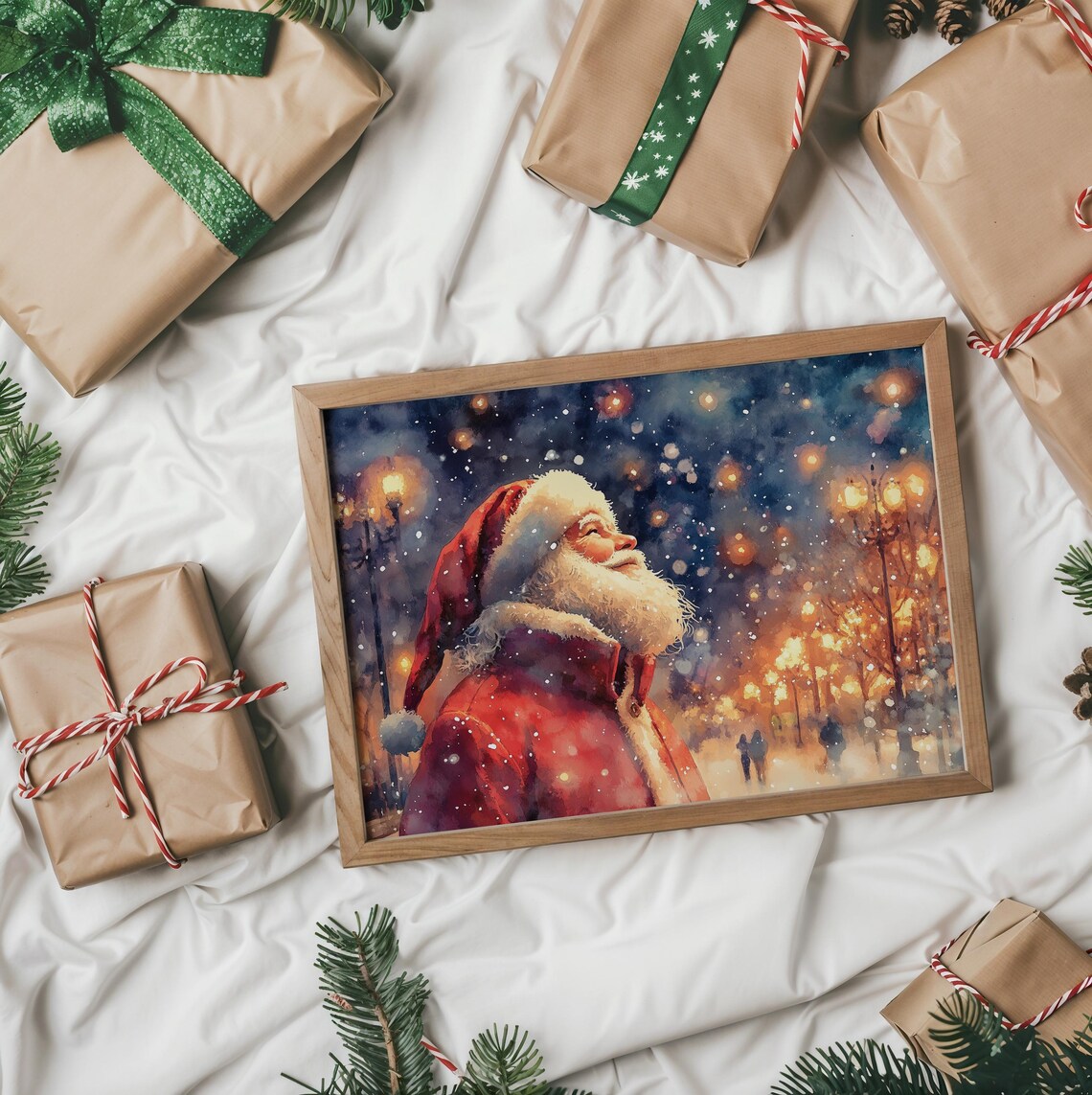 Santa Claus Watercolor Portrait Snowy Evening Street Lights Poster - Image 2