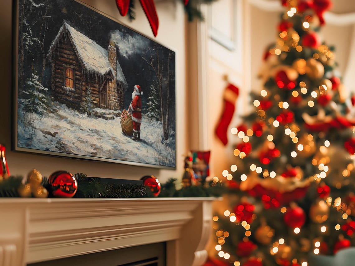 Santa Visiting Snowy Log Cabin Night Christmas Gift Sack Poster - Image 5