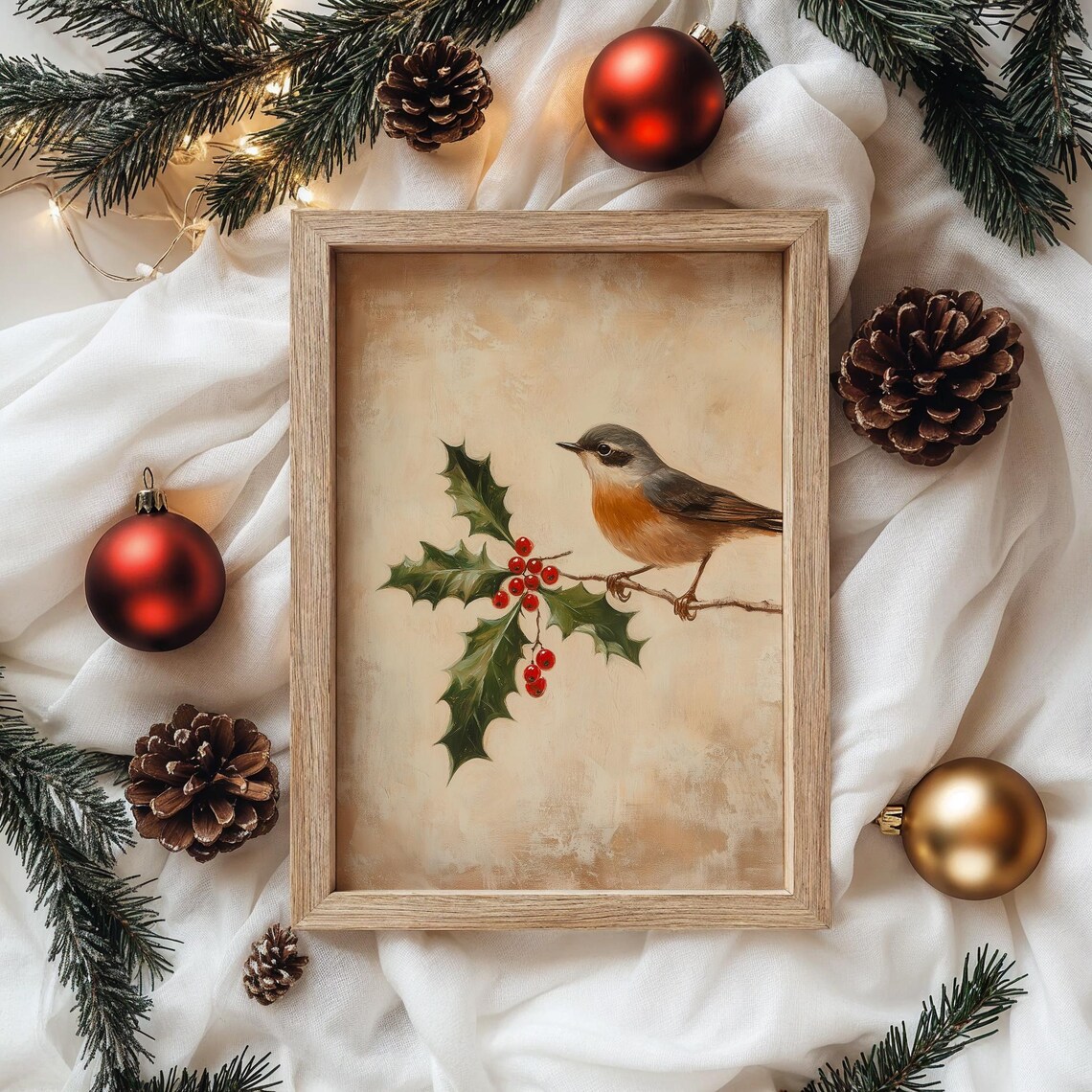 Robin On Holly Branch With Red Berries Vintage Christmas Bird Wall Art - Image 4