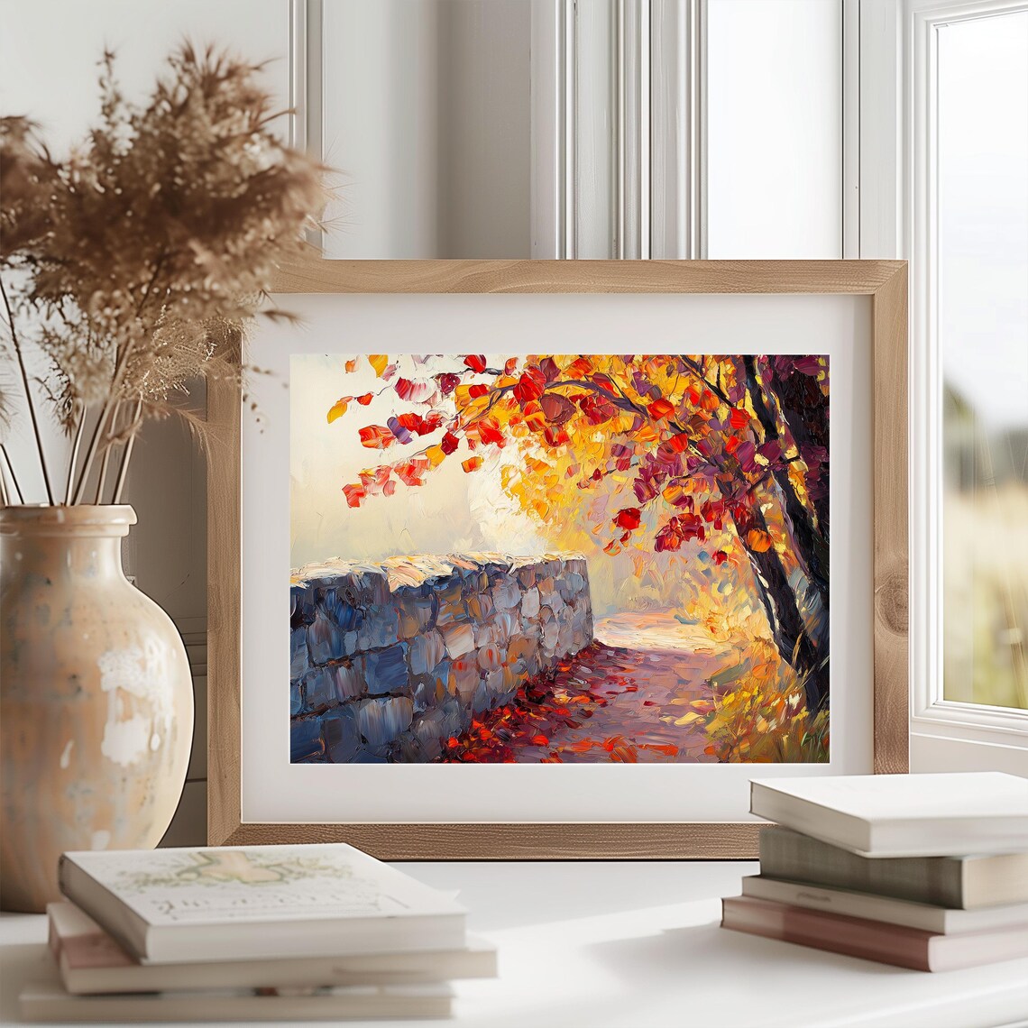 Autumn Stone Wall Painting Colorful Fall Foliage Impasto Landscape Poster - Image 2