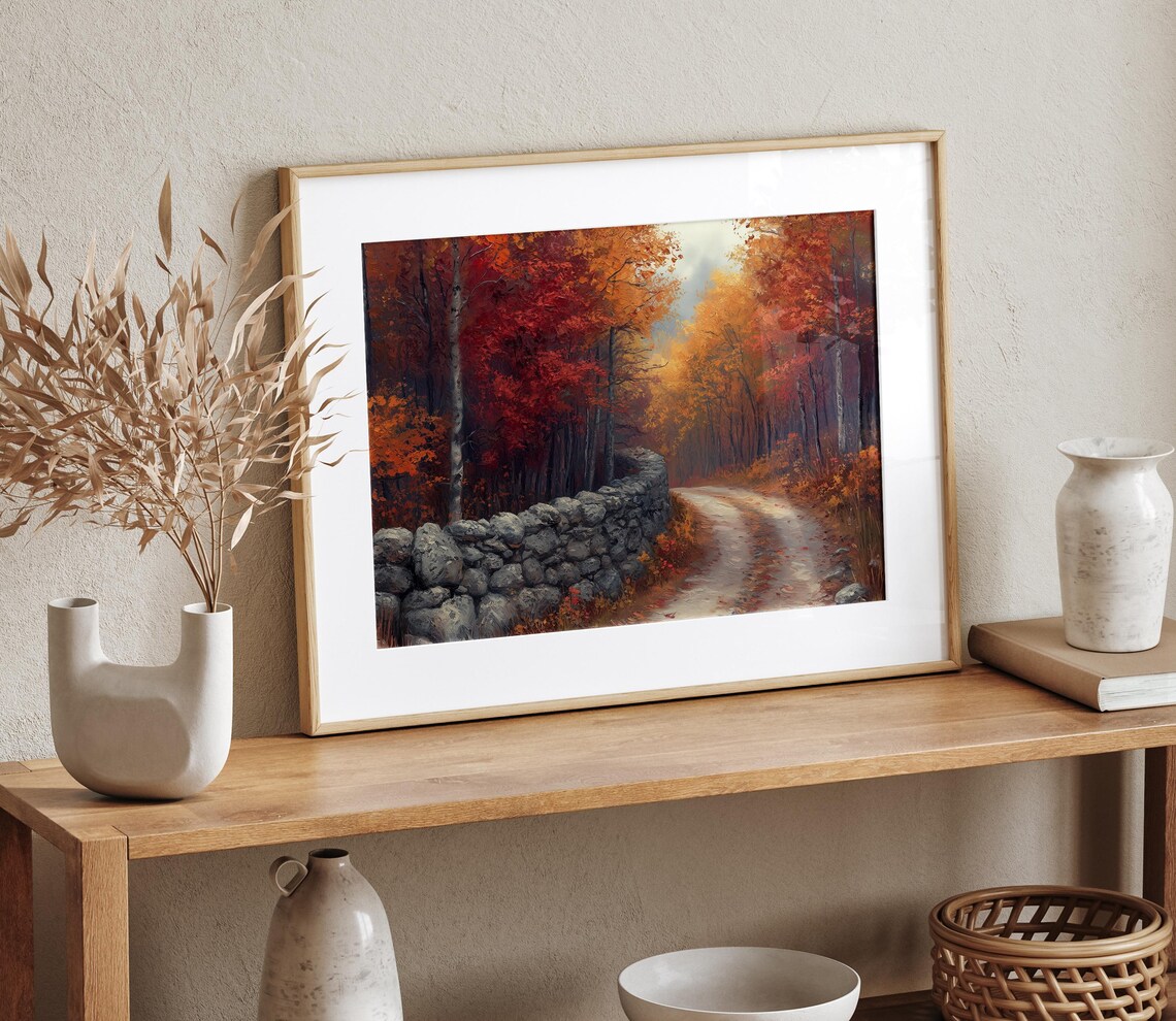 Dirt Road Old Stone Wall Red Maple Forest Autumn Painting Print - Image 4