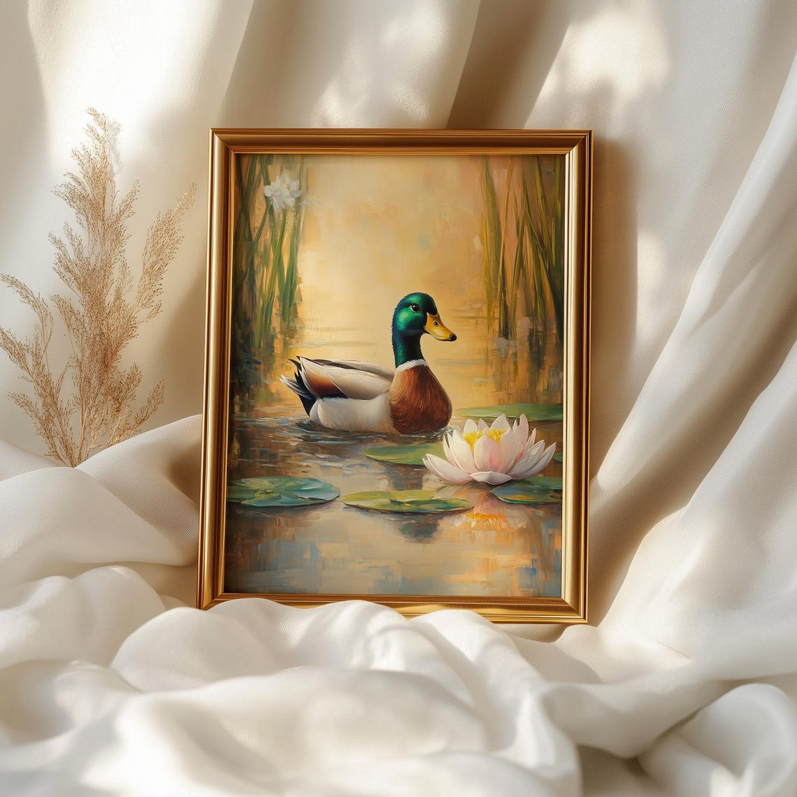 Mallard Duck On Serene Pond Water Lily Spring Nature Painting Print - Image 2