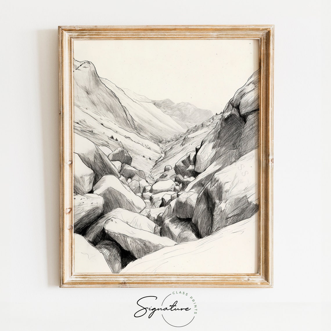 High Mountain Pass Boulder Field Rugged Charcoal Sketch Art Poster