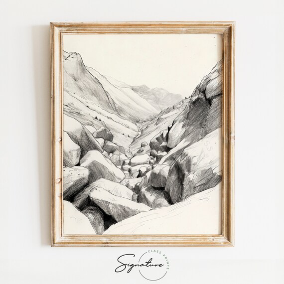 Boulders In High Mountain Pass Sketch Rugged Mountain Landscape Art Black And White Nature Drawing Wall Decor Print 740