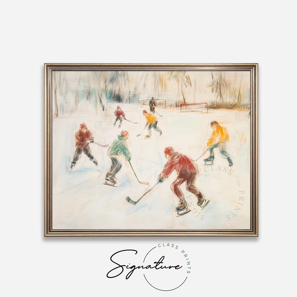 Children Playing Ice Hockey On A Frozen Winter Pond Scene Poster - Image 4