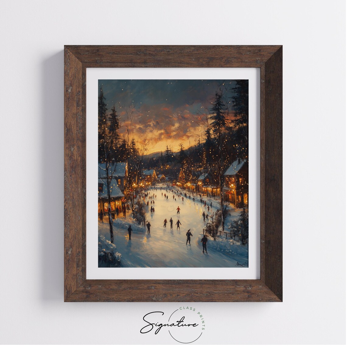 Ice Skaters on Frozen Pond in Lit Village at Winter Dusk Poster - Image 3
