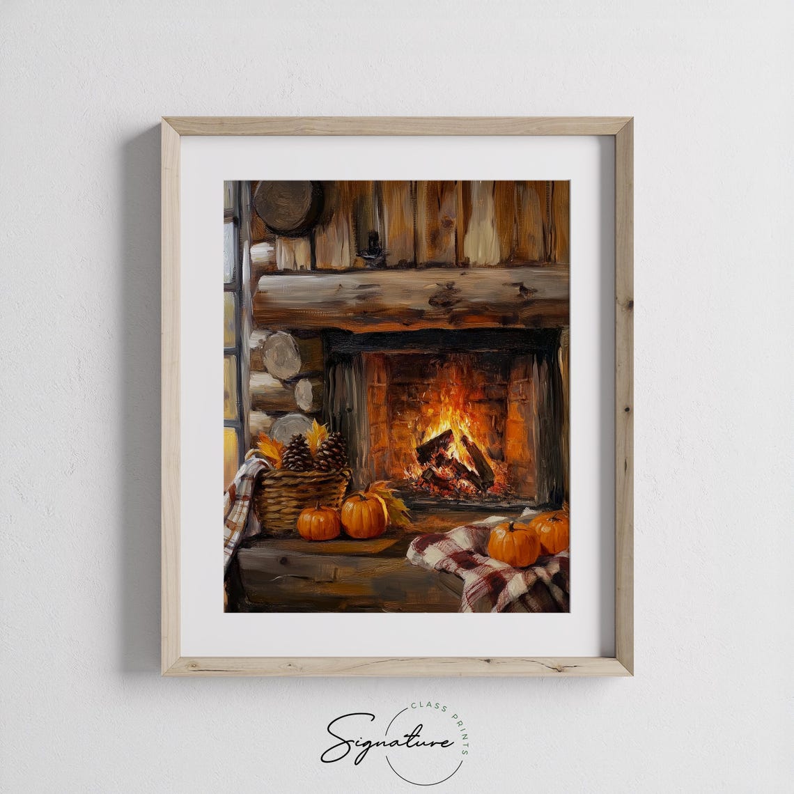 Cozy Log Cabin Fireplace with Pumpkins and a Pinecone Basket Poster - Image 3