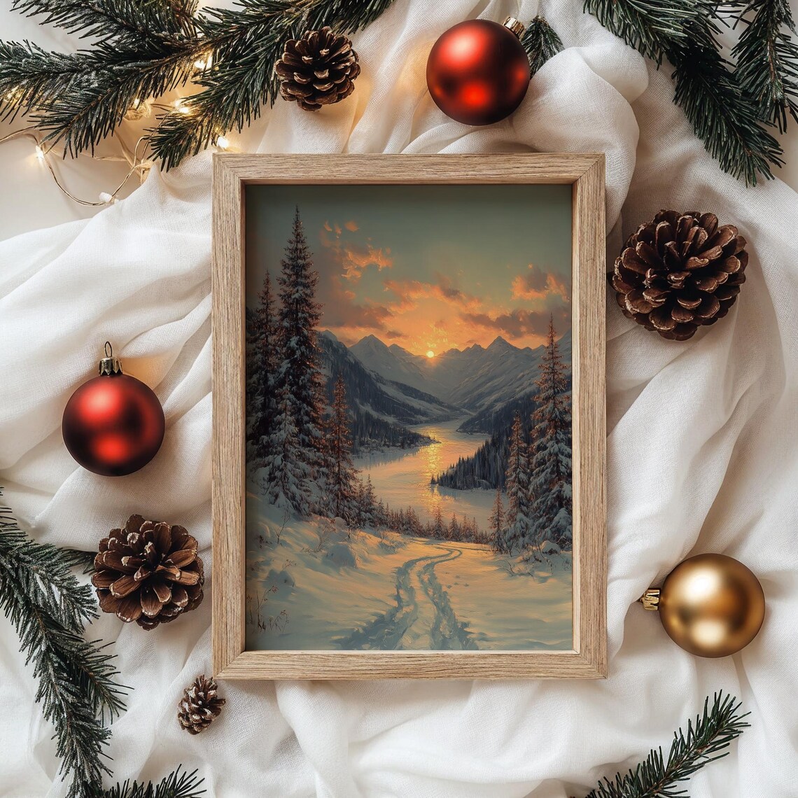 Golden Sunset Over Frozen Mountain Lake Snowy Landscape Poster - Image 4