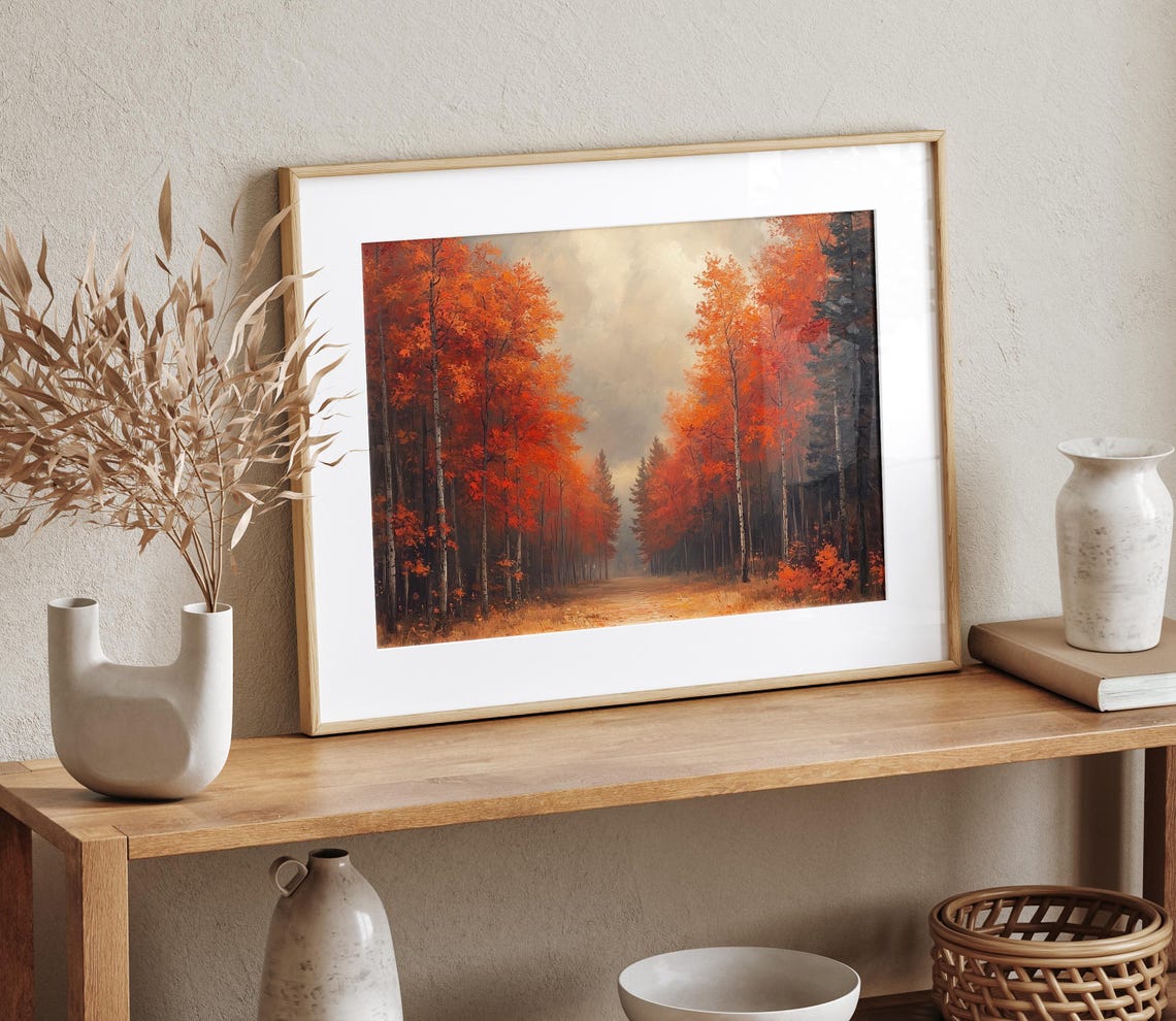 Forest Path Lined with Brilliant Red and Orange Autumn Trees Poster - Image 4