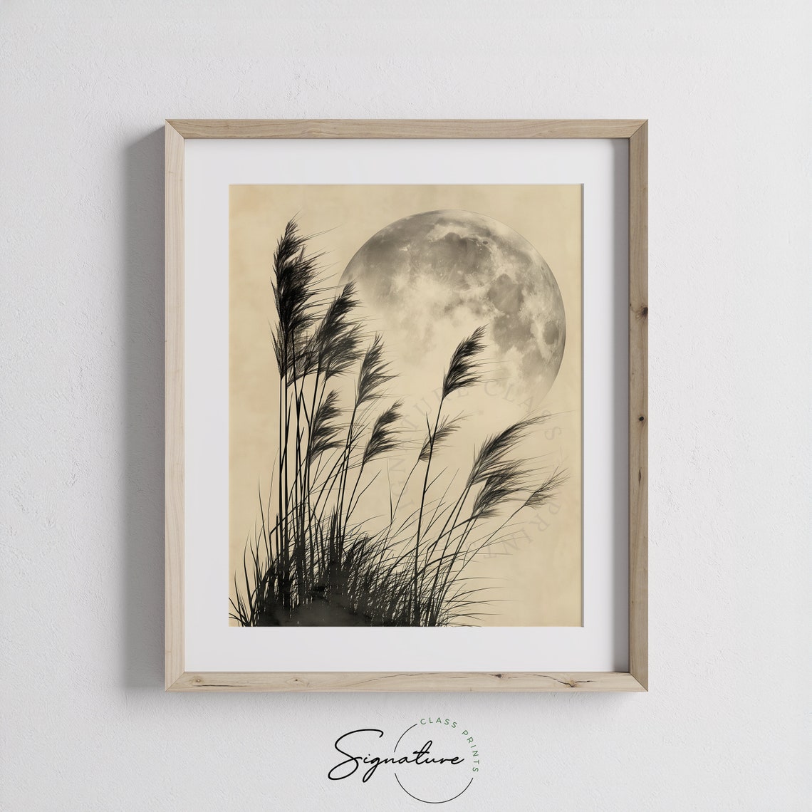 Tall Grass Silhouettes Against Full Moon Monochrome Night Poster - Image 3
