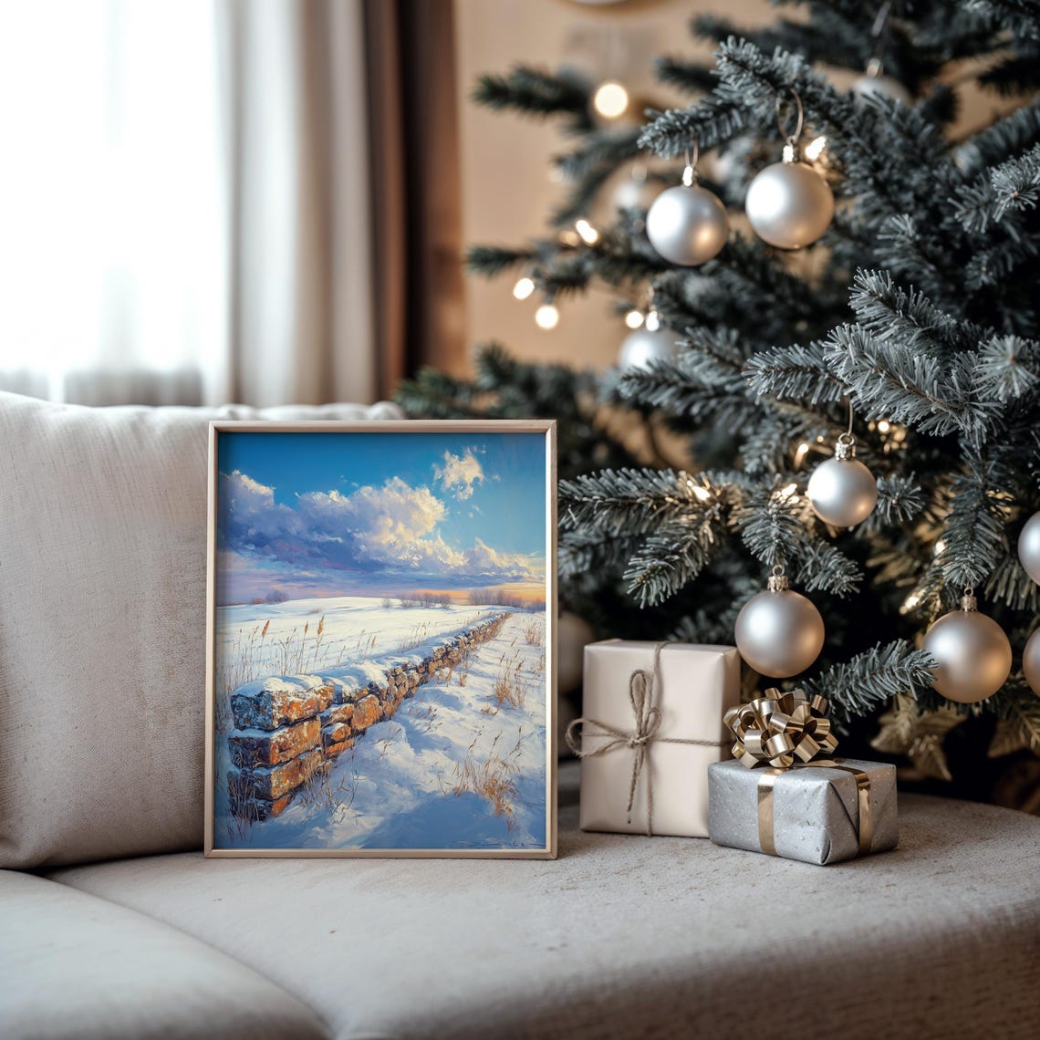 Snowy Stone Wall Winter Field Dramatic Bright Sky Landscape Poster - Image 5