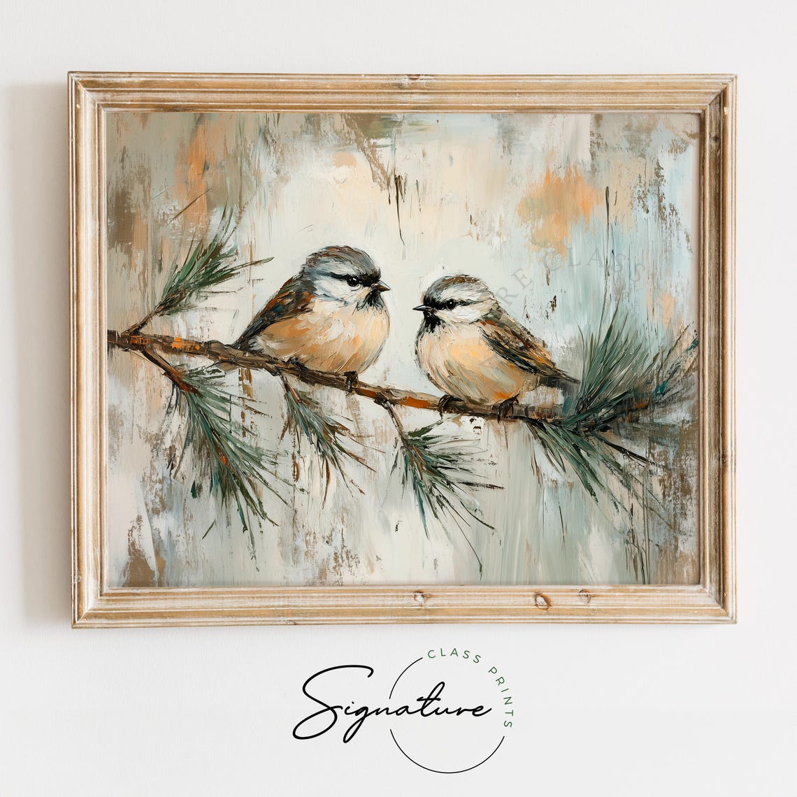 Two Chickadees Perched On A Pine Branch In Soft Winter Hues Poster