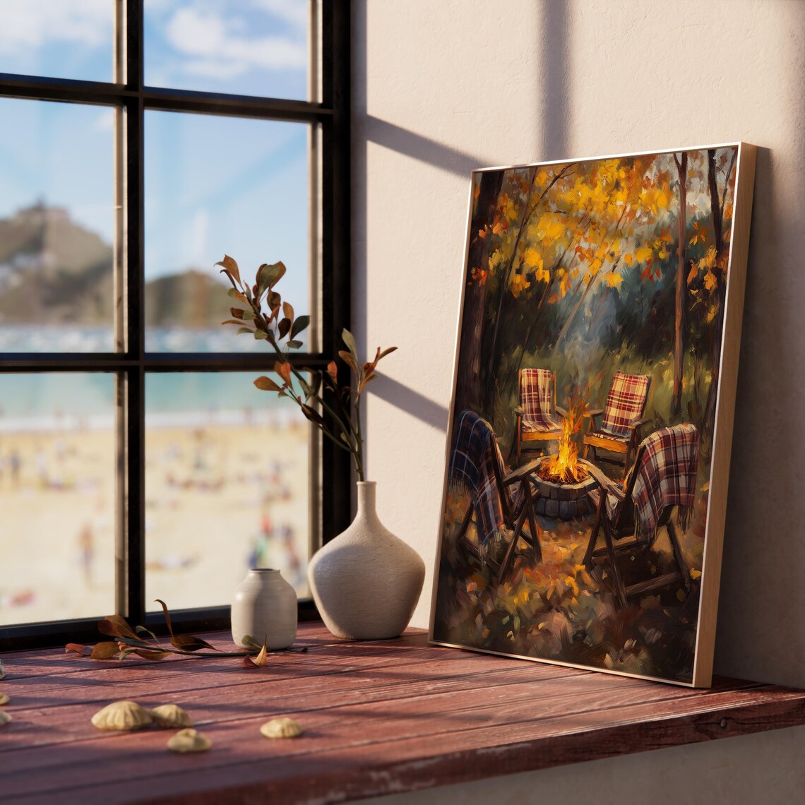 Campfire Circle with Four Plaid Chairs Under Golden Autumn Trees Poster - Image 5