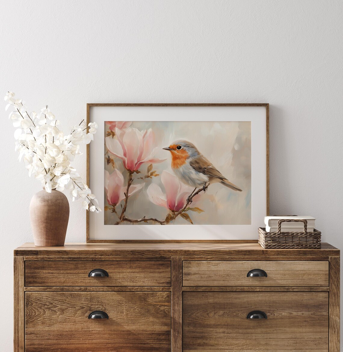 Robin With Pink Magnolia Blooms Soft Vintage Bird Art Poster - Image 2