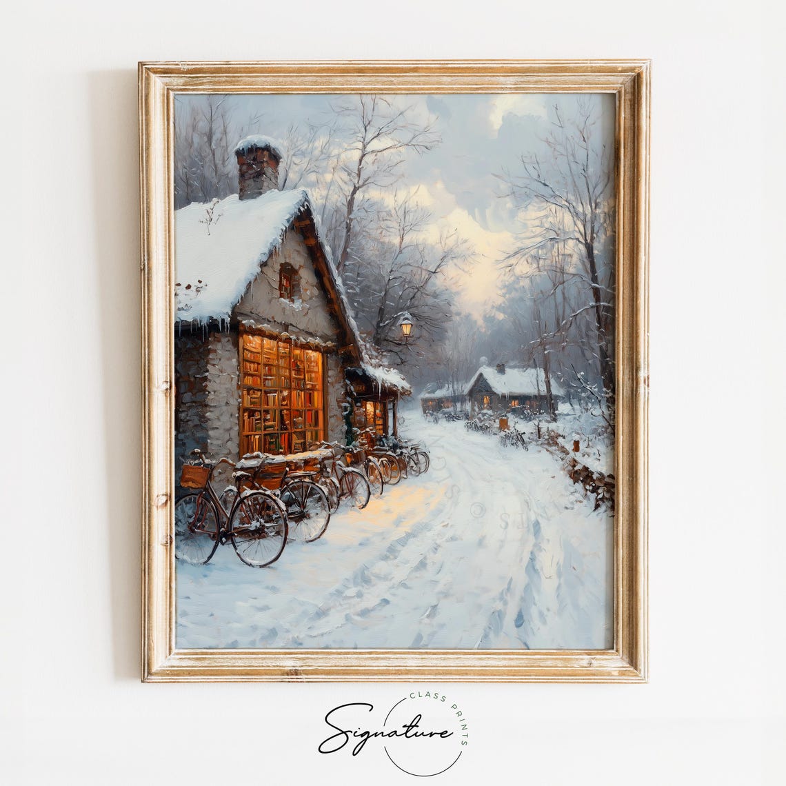 Snowy Bookstore with Glowing Windows and Bicycles Winter Poster