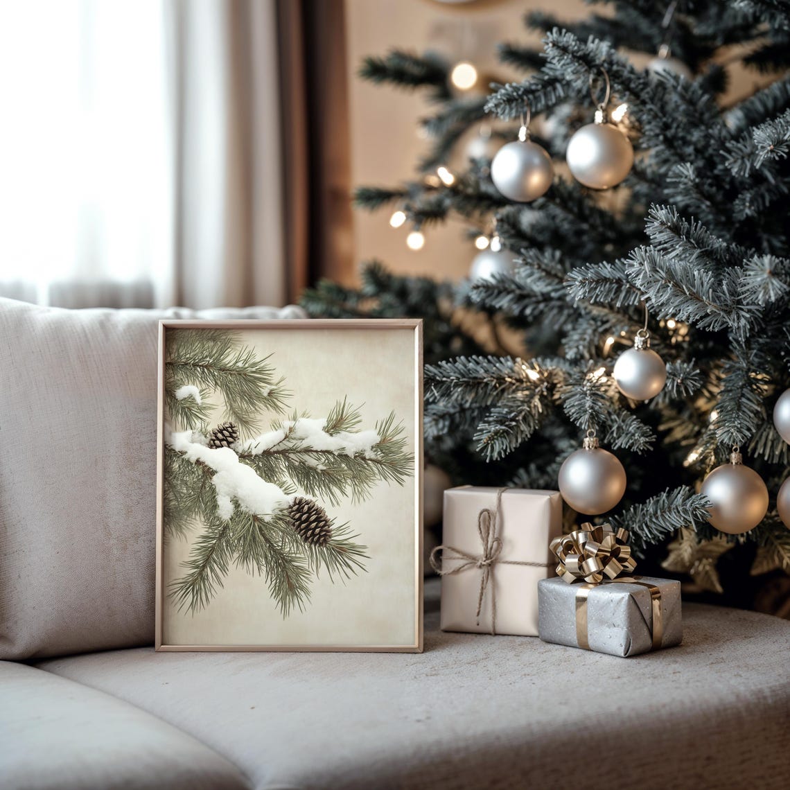Snow Covered Pine Branch With Pinecones Winter Botanical Art Poster - Image 5