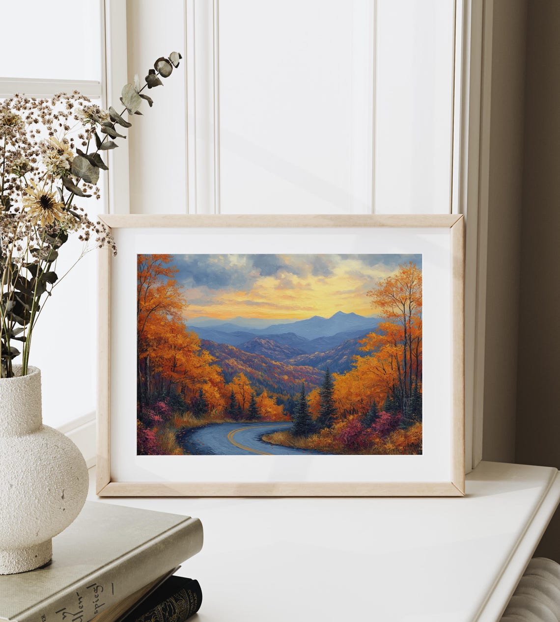 Winding Mountain Road Through Fiery Autumn Forest at Sunset Poster - Image 6