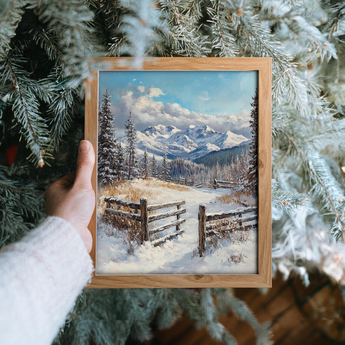 Snowy Alpine Mountain Gate Fence Oil Painting Style Winter Poster - Image 6