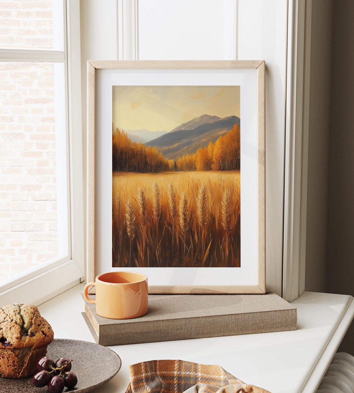 Golden Wheat Stalks Swaying Before Distant Mountains in Autumn Wall Art - Image 6