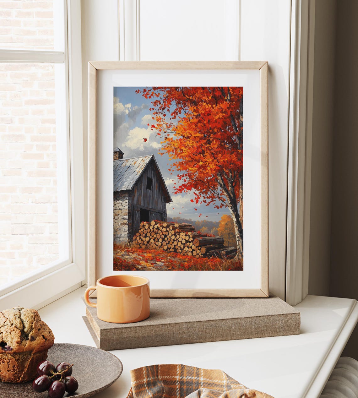 Stone Barn With Stacked Firewood Under Blazing Red Autumn Tree Poster - Image 6