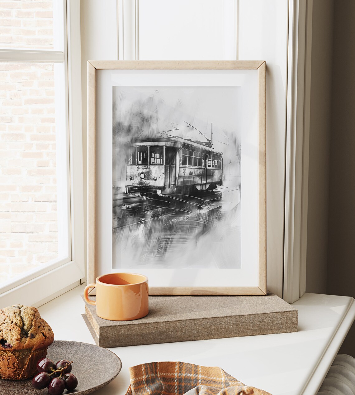 Vintage Streetcar on Rainy Street Black and White City Poster - Image 6