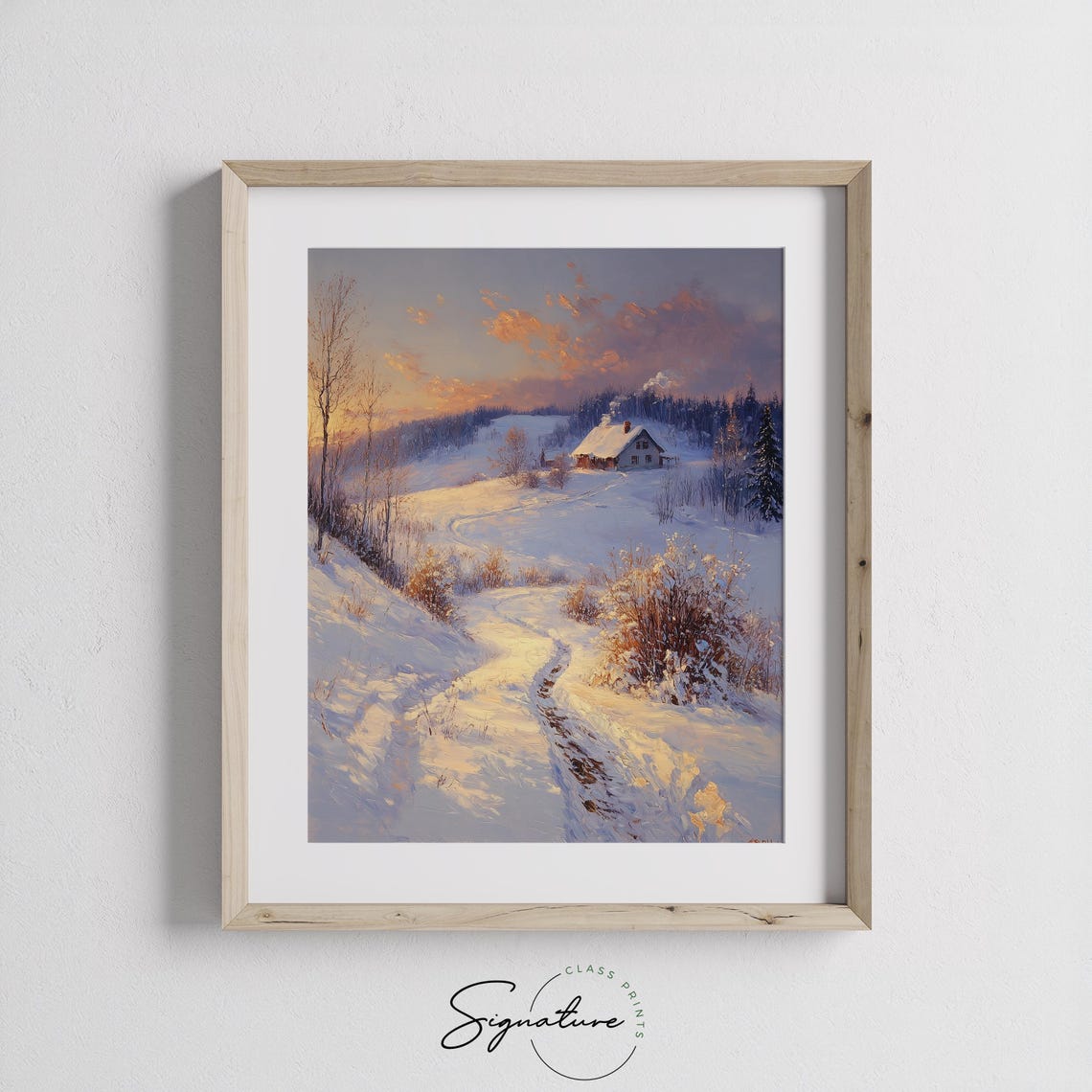 Cozy Winter Cabin at Sunset on Glowing Snow under Pink Sky Poster - Image 2