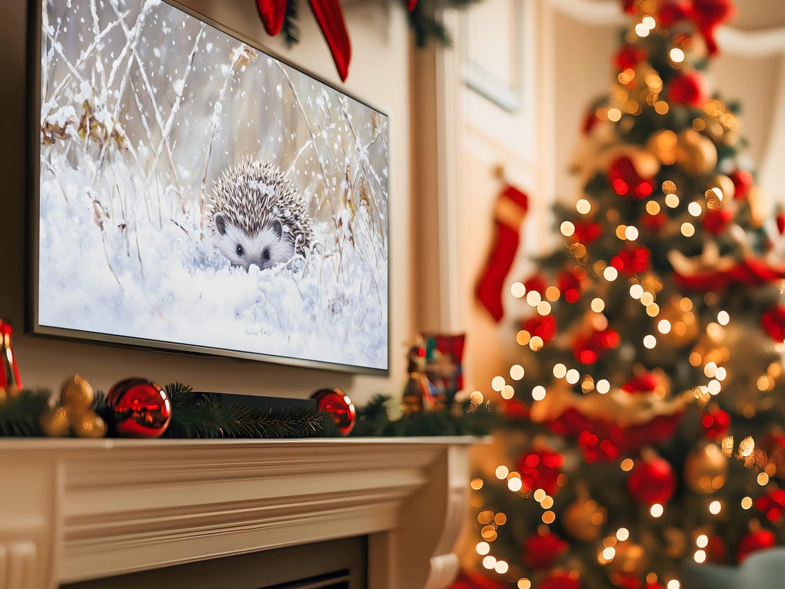Cozy Cute Hedgehog In Falling Snow Winter Wildlife TV Art Poster - Image 5