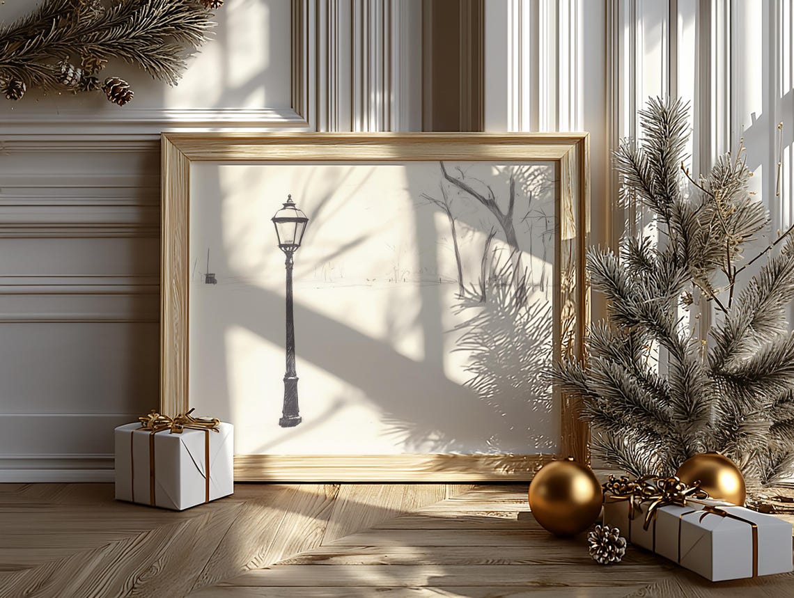 Vintage Streetlamp In Snowy Park Ink Sketch Minimalist Winter Wall Art - Image 2