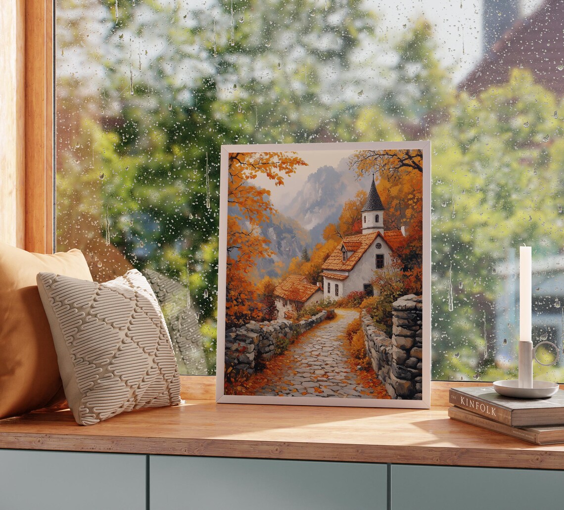 Mountain Village Church on Cobblestone Street in Glowing Autumn Light Wall Art - Image 2
