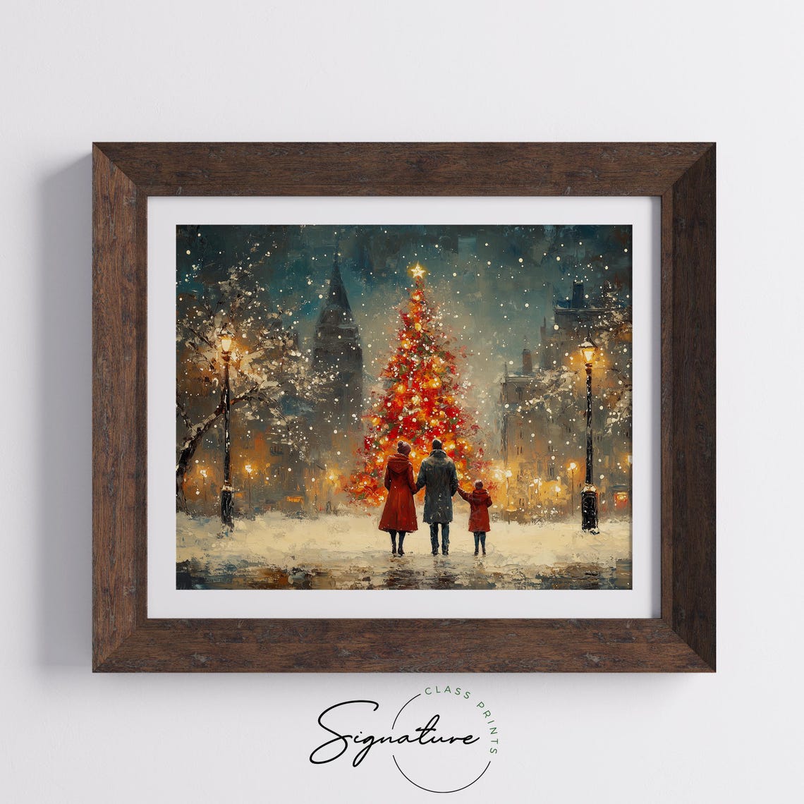 Family Walking Toward Lit Christmas Tree in Snowy Town Square Poster - Image 5