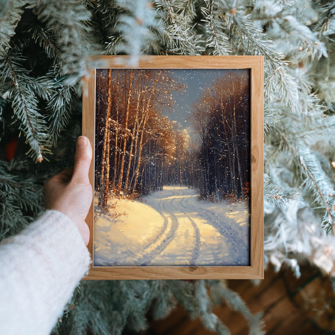 Sunlit Snowy Birch Forest Road in Golden Winter Light Poster - Image 6