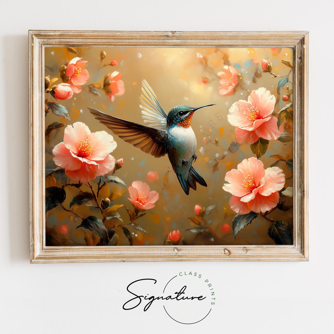 Hummingbird Amid Rosy Pink Camellia Flowers Golden Ethereal Wall Art
