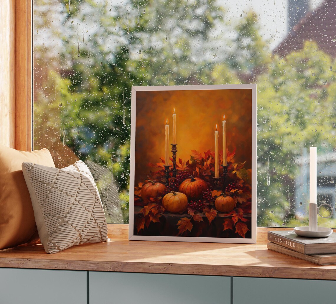 Autumn Pumpkins With Lit Candles And Berries Fall Still Life Poster - Image 2