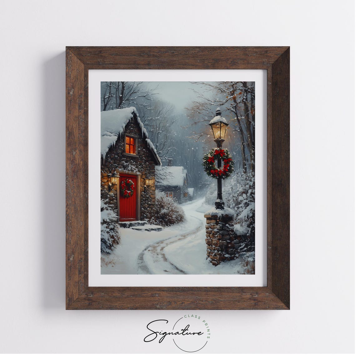 Christmas Cottage with Red Door Wreath and Lamppost Winter Poster - Image 3