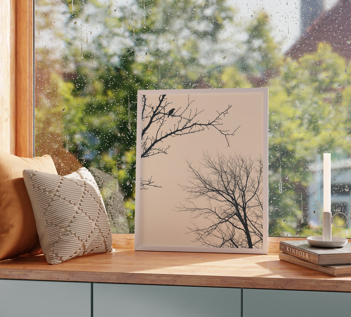 Quiet Winter Bird On Bare Branches Cream Sky Sketch Nature Poster - Image 2