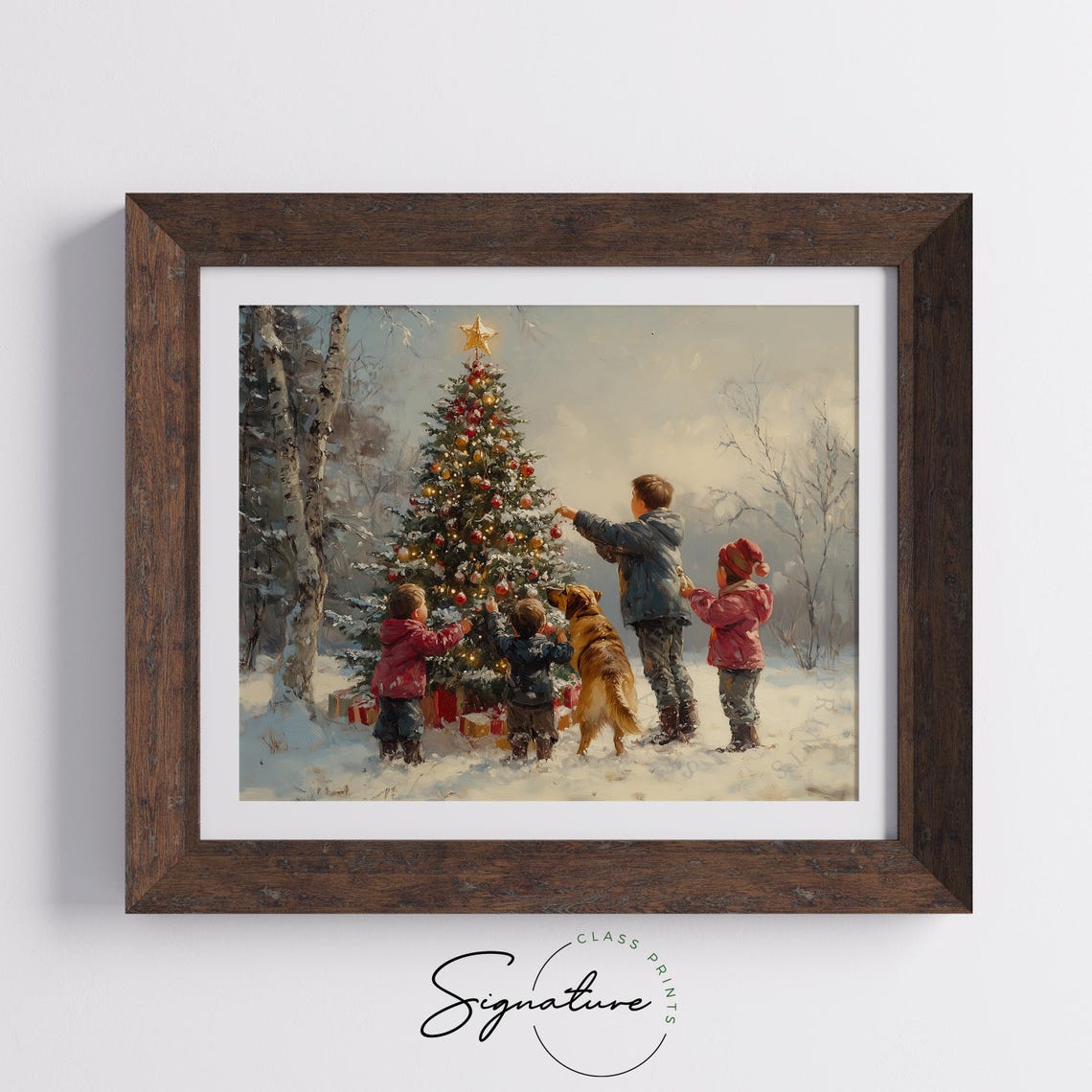 Children and Golden Retriever Decorating Outdoor Christmas Tree Poster - Image 5
