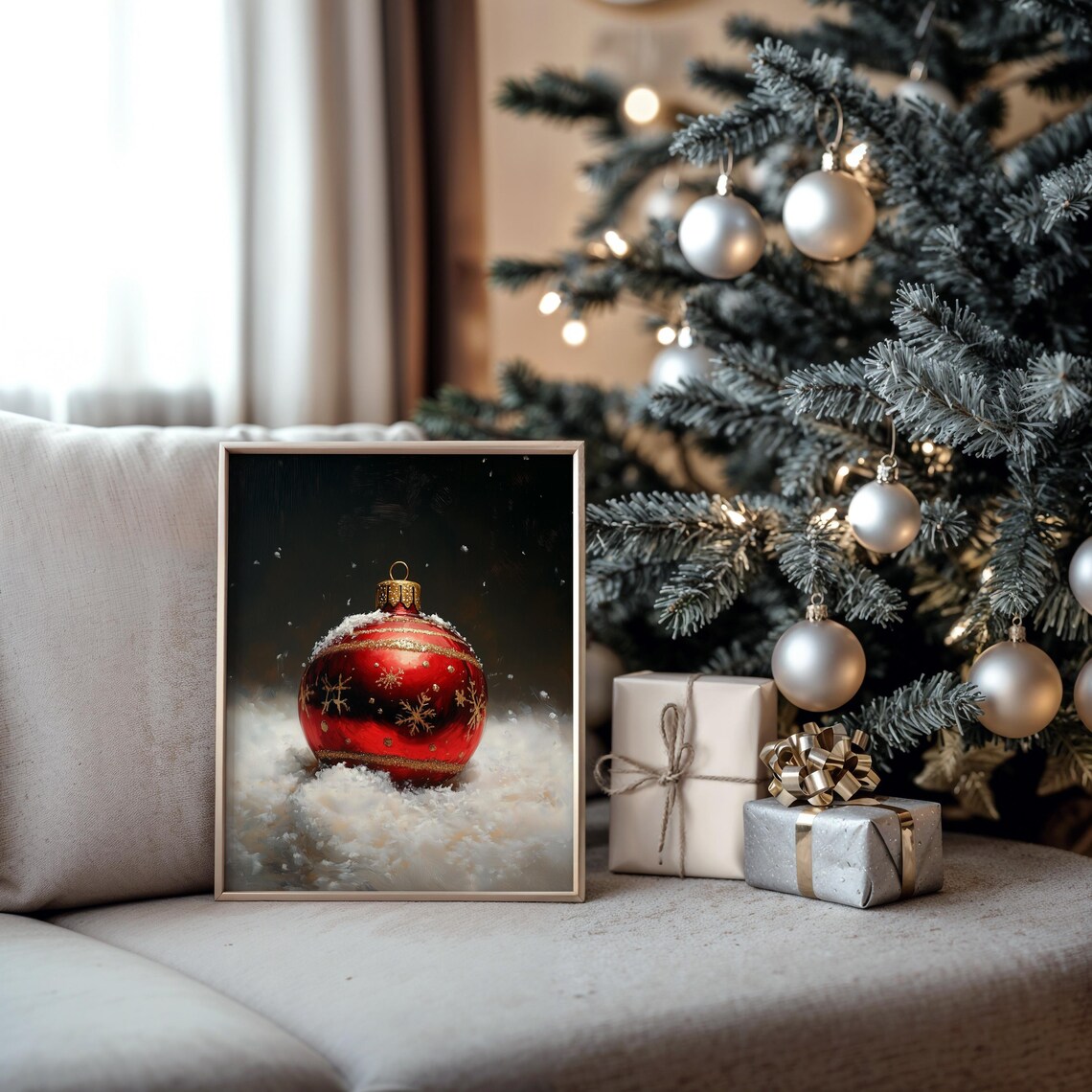 Red Christmas Ornament in Snow Gold Snowflakes Painting Poster - Image 5