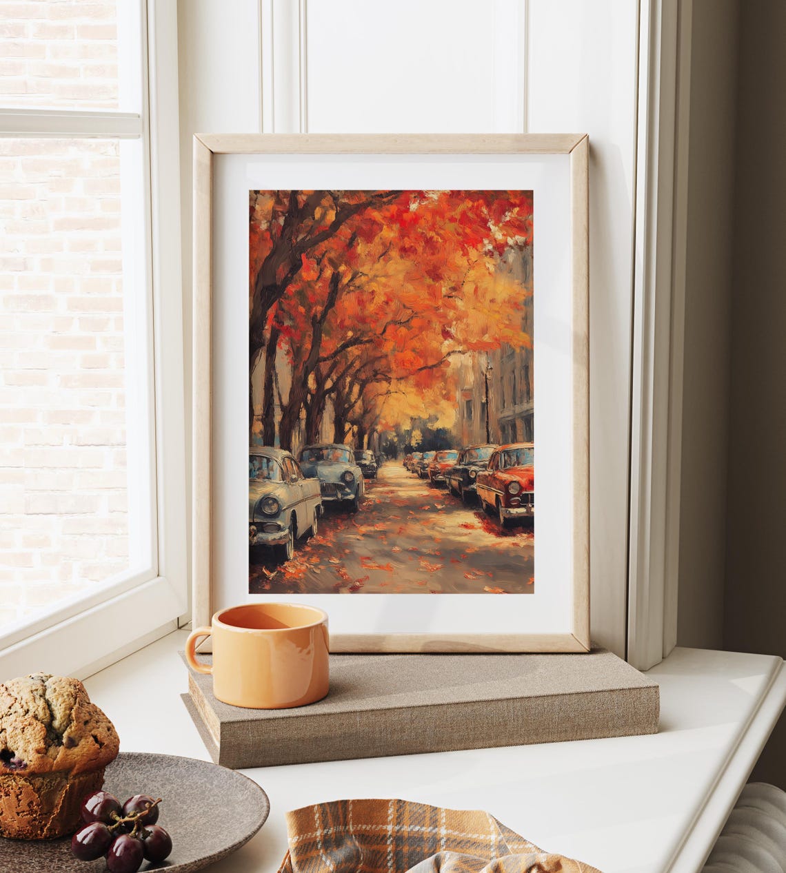 Vintage Classic Cars Lined Up on a Fall Street Under Red Maples Poster - Image 6
