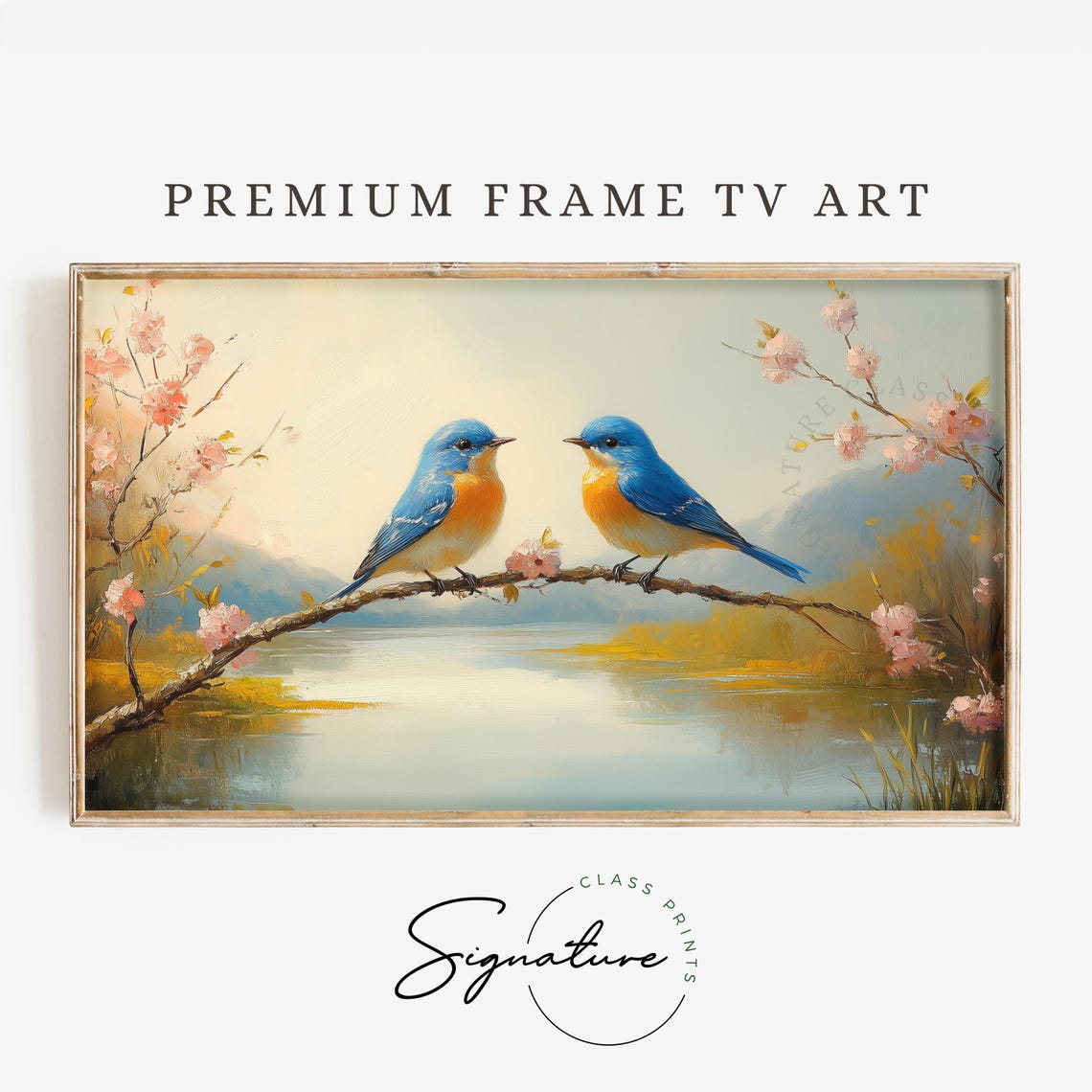 Bluebirds On Blossom Branch Lake Spring Frame TV Bird Art Print