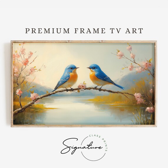 Bluebirds On Blossom Branch Lake Spring Frame TV Bird Art Print