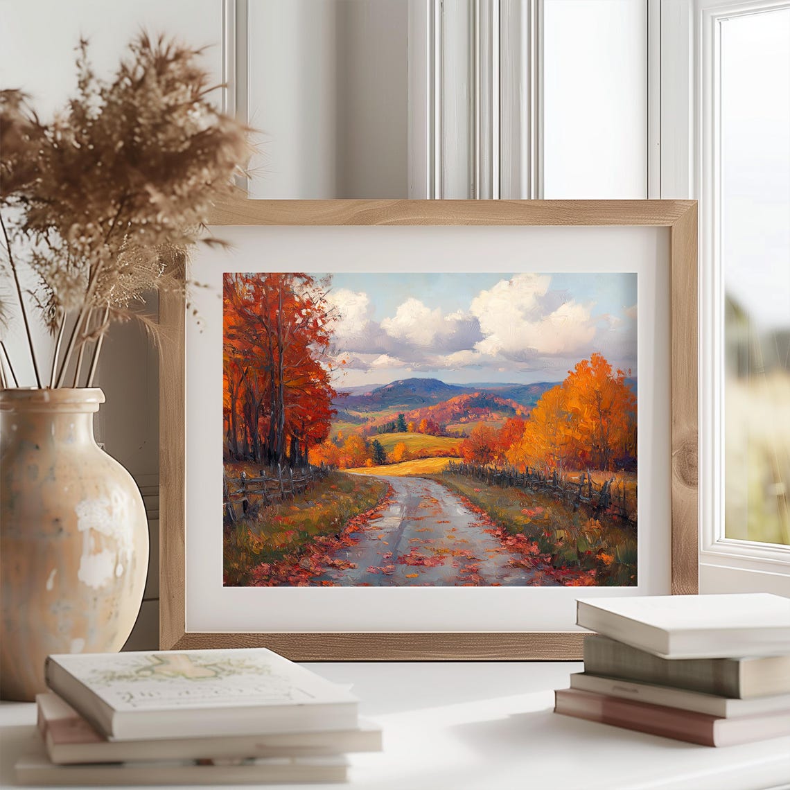 Autumn Lane Red Maples Fallen Leaves Rustic Fences Valley View Poster - Image 2