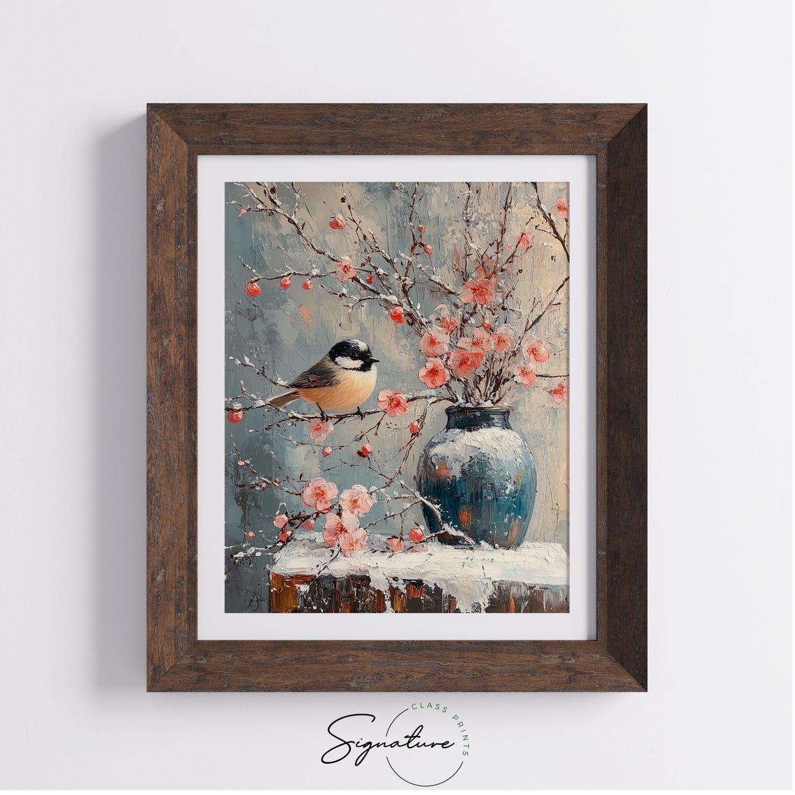 Chickadee Perched on Pink Blossom Branch Winter Oil Painting Print - Image 3