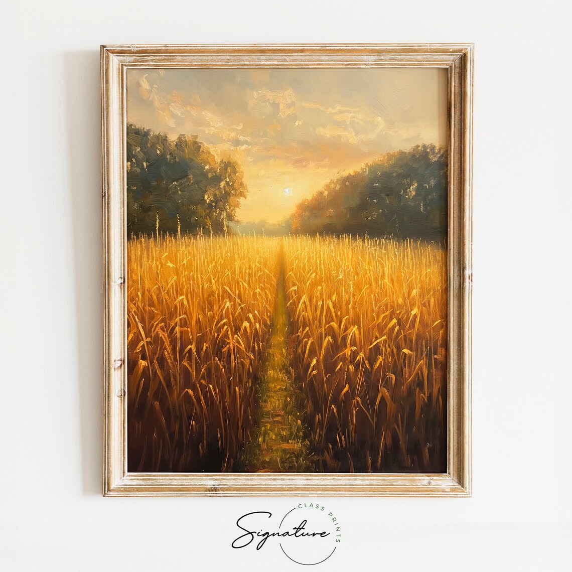 Sunlit Cornfield Painting, Rustic Farm Landscape