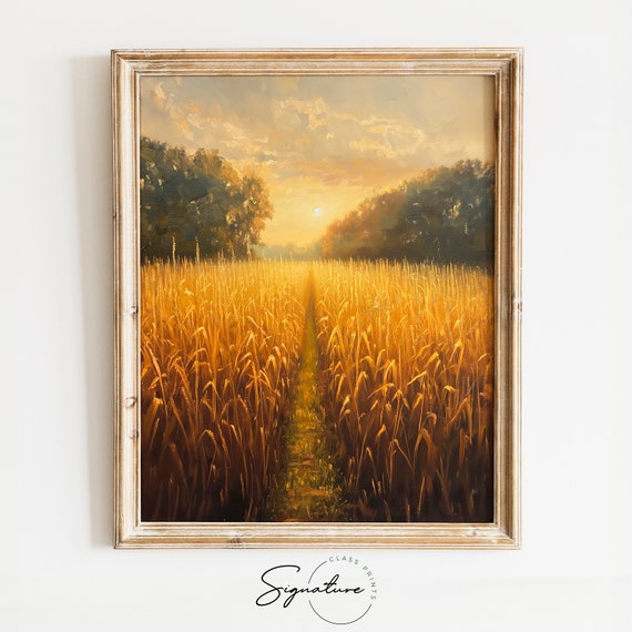Sunlit Cornfield Painting, Rustic Farm Landscape
