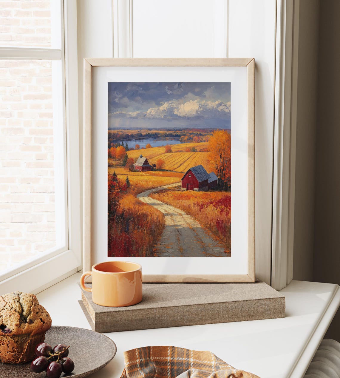 Autumn Farmland Panorama Red Barns Golden Fields Lake View Poster - Image 6